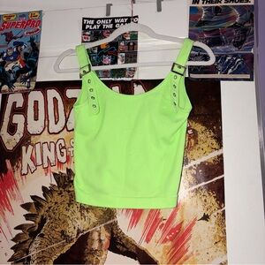 NWOT Suzette Collection Ribbed Neon Green Silver Buckle and Grommet Crop Top